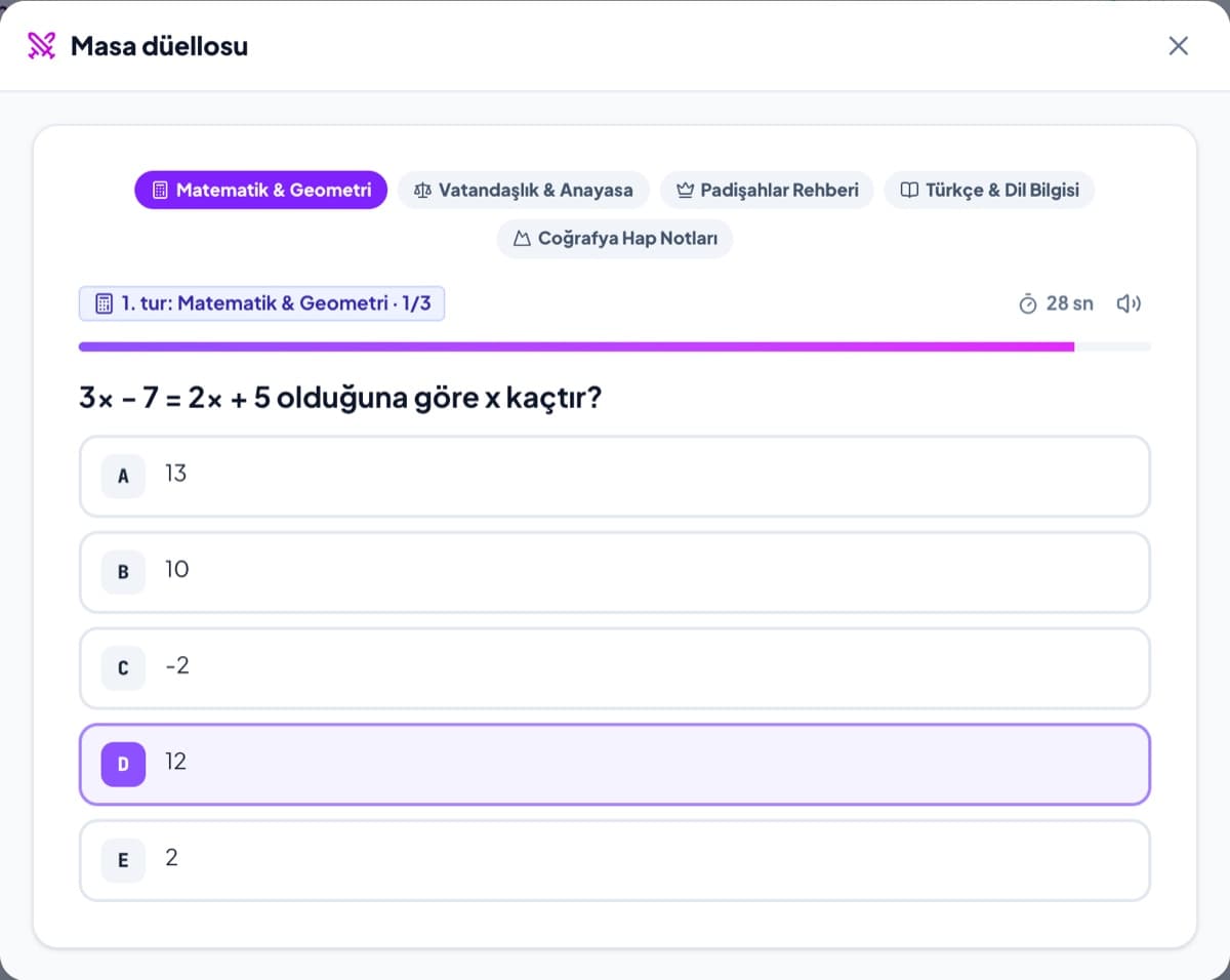 Masa düellosunda soru ekranı: KPSS karışık düellosu, Matematik turu, 30 saniyelik süre